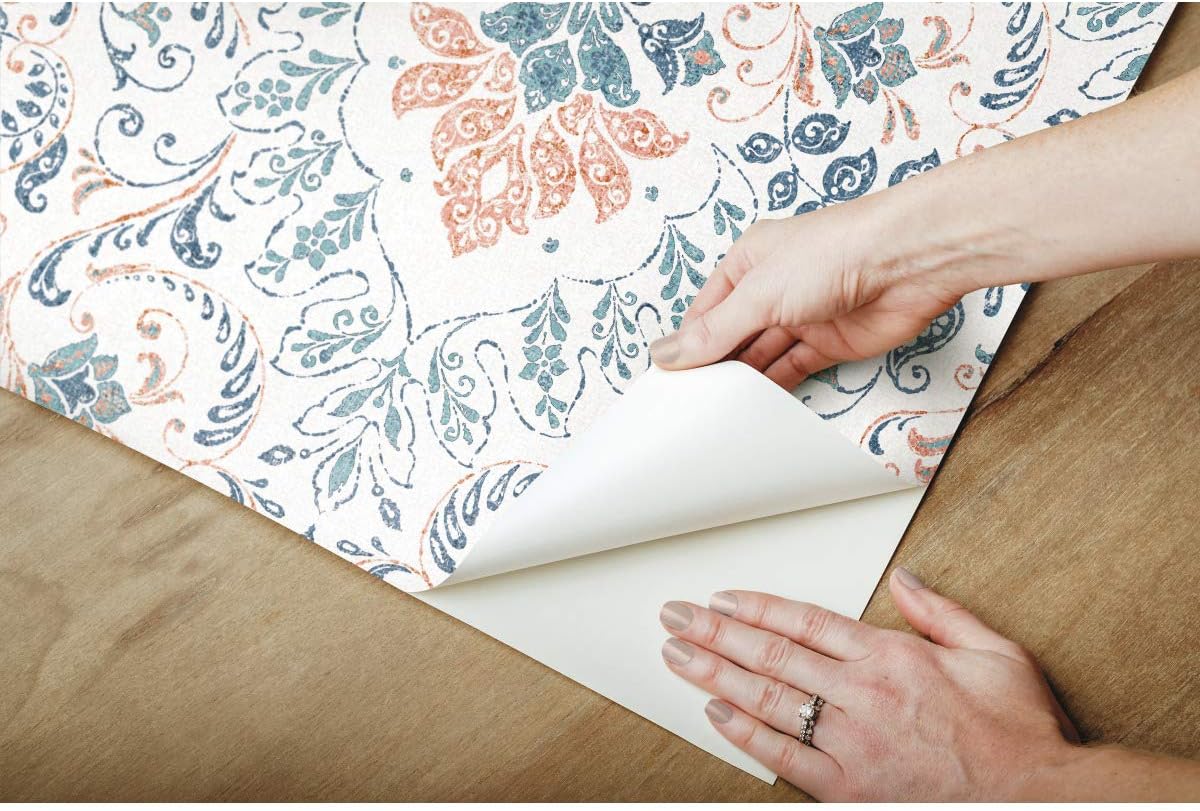 RoomMates RMK11833WP Orange and Blue Persian Damask Peel and Stick Wallpaper