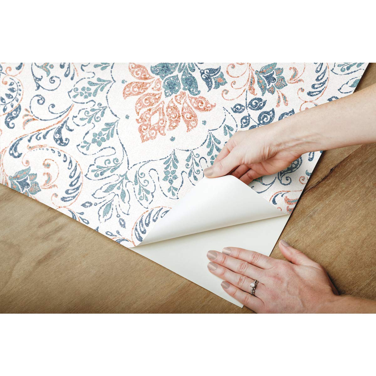 RoomMates RMK11442RL Persian Damask Peel and Stick Wallpaper, Orange, Blue, Roll, 45.7 x 45.7 cm - Image 4