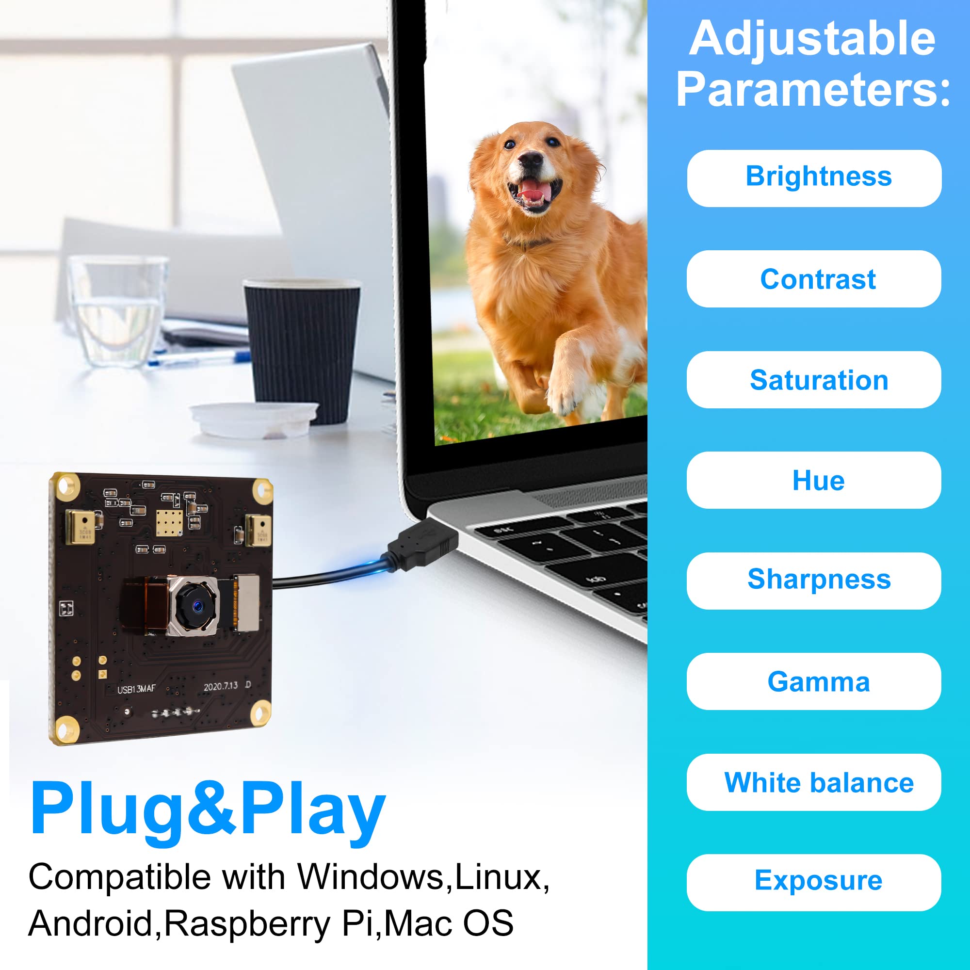 G Modulo fotocamera USB da 13 MP, modulo webcam 2880p, modulo grandangolare UHD, 100 gradi, senza distorsioni, USB con fotocamera, scheda di memoria per Windows Android, Mac Linux Raspberry Pi