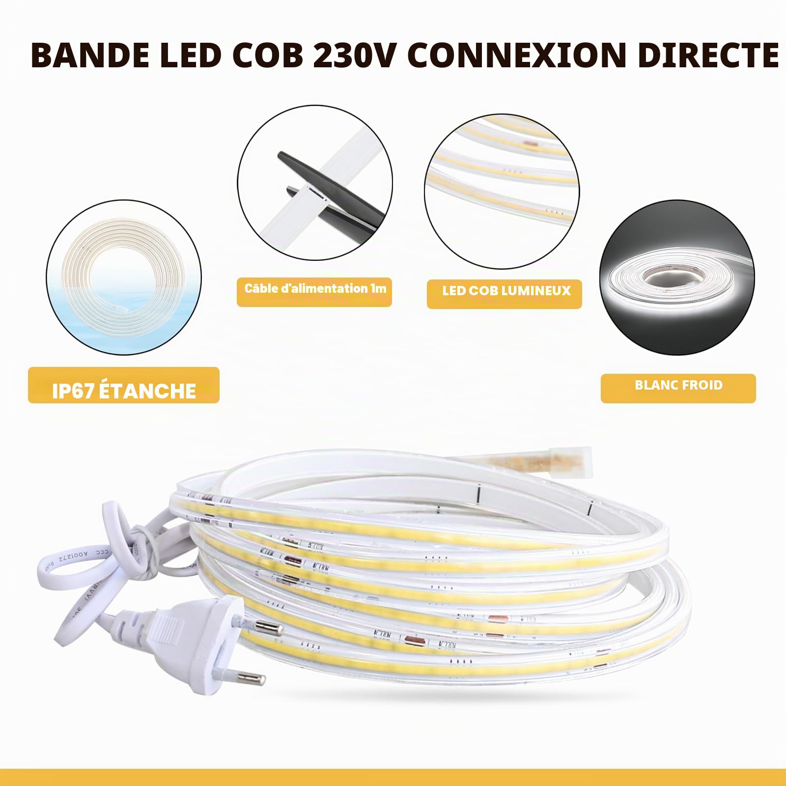 pcning COB LED Ruban Lampe 3m 220 Volt 3000K Blanc Chaud, 3 Metres Flexible LED Strip Exterieur Interieur IP67 Impermeable (Blanc Chaud, 3M)