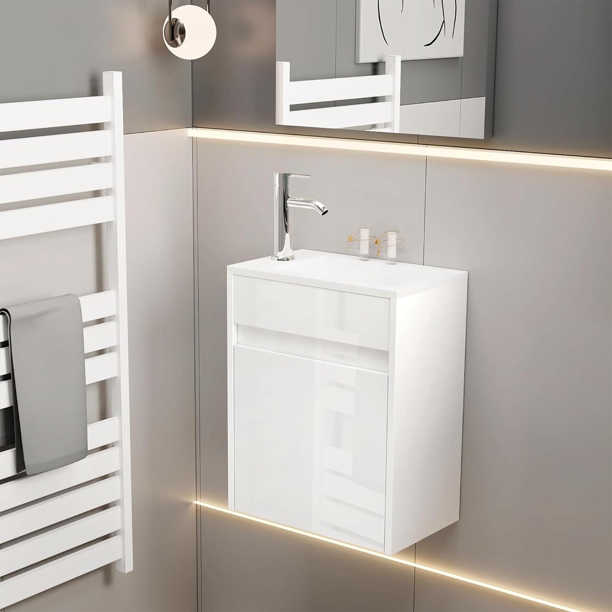 UEV Mobile Bagno con Lavabo in Resina, 41CM Mobili Bagno Salvaspazio Sospeso, Rubinetto Cromato a Risparmio Idrico e Scarico Pop Up, Piccolo, Bianca