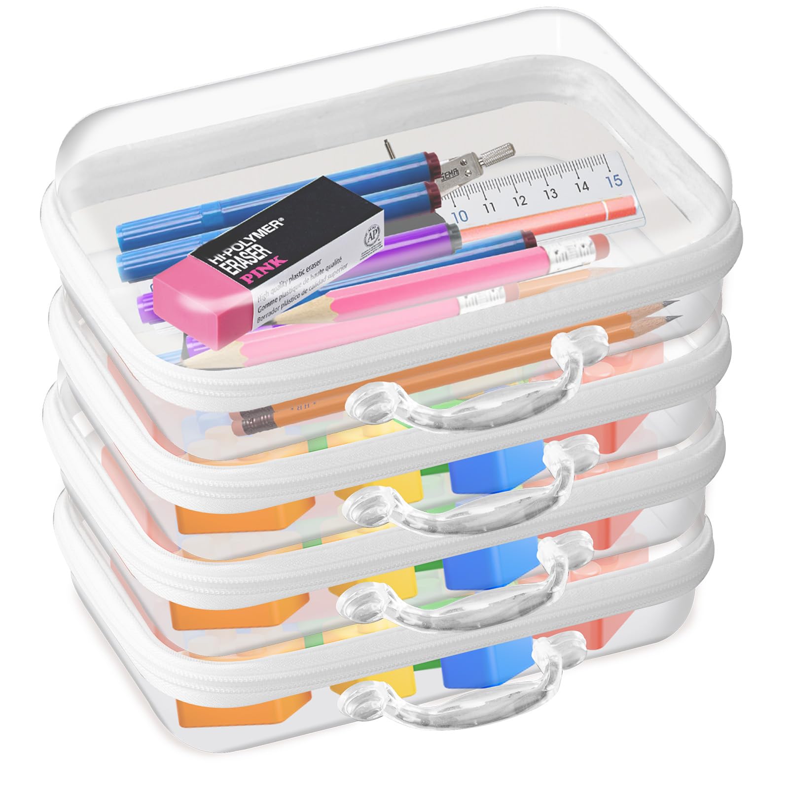 Clear Hard Zipper Pouch, Hard Shell Plastic Organizer Box with Handle, Bliss Zippered Blocks Storage Bins, Hard PVC Cosmetic Travel Bag for Kids Organizing, 8.27x5.12x2.36in, 4Pc