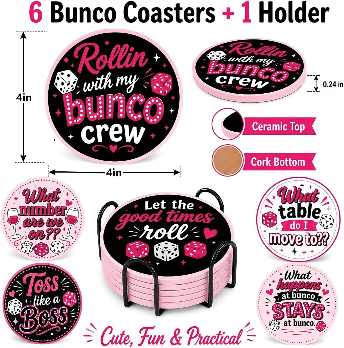 Bunco Party Supplies 6-Pack Pink Black Ceramic Coasters with Metal Holder image 2