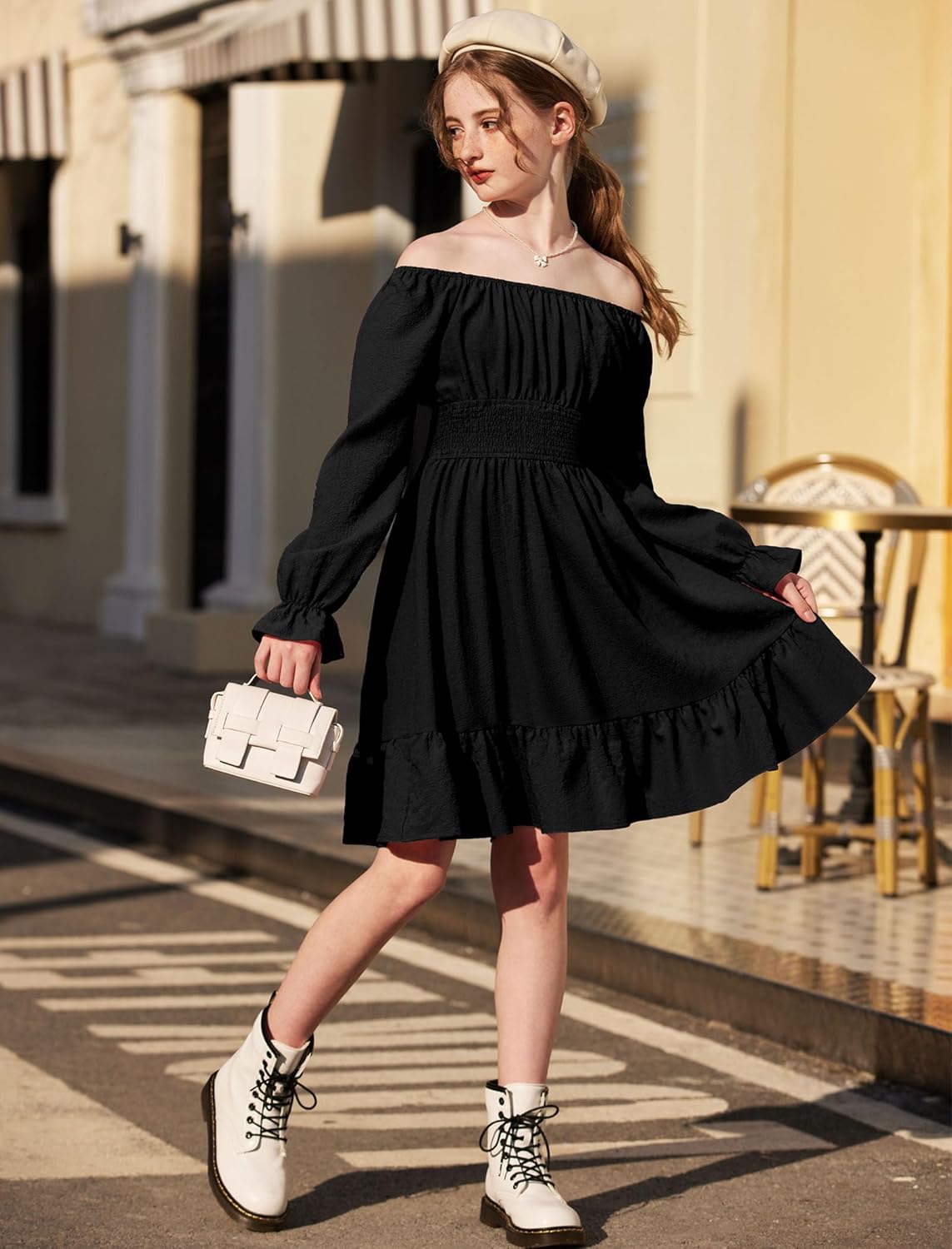 Arshiner Girls Dresses Long Sleeve Tie Back Fall Winter Off Shoulder Dress Kids Clothes - Image 3