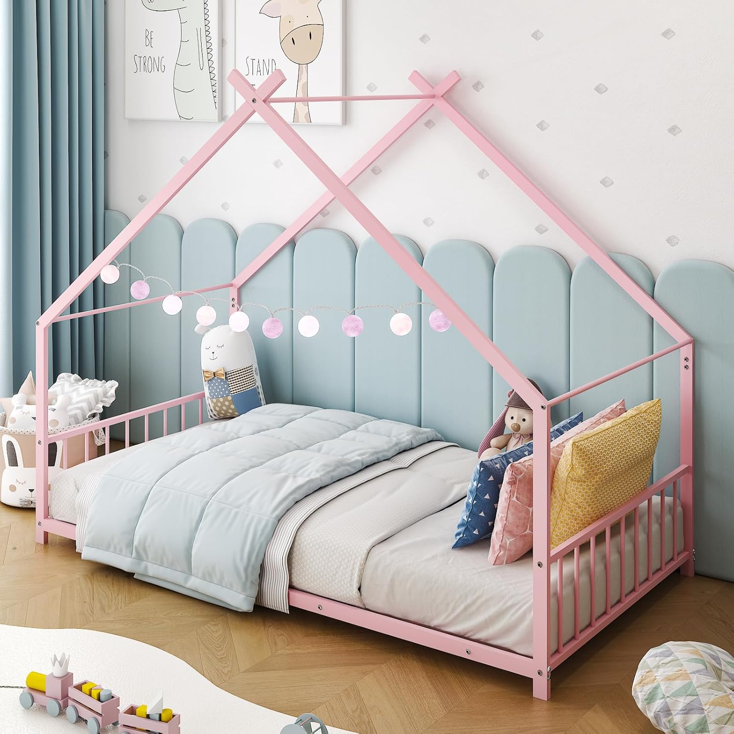 Karl home Twin Size Toddler Floor Bed, Metal Montessori Bed with Slats & Fence, Roof/House/Canopy Bed Frame for Girls, Boys, No Box Spring Needed, Pink