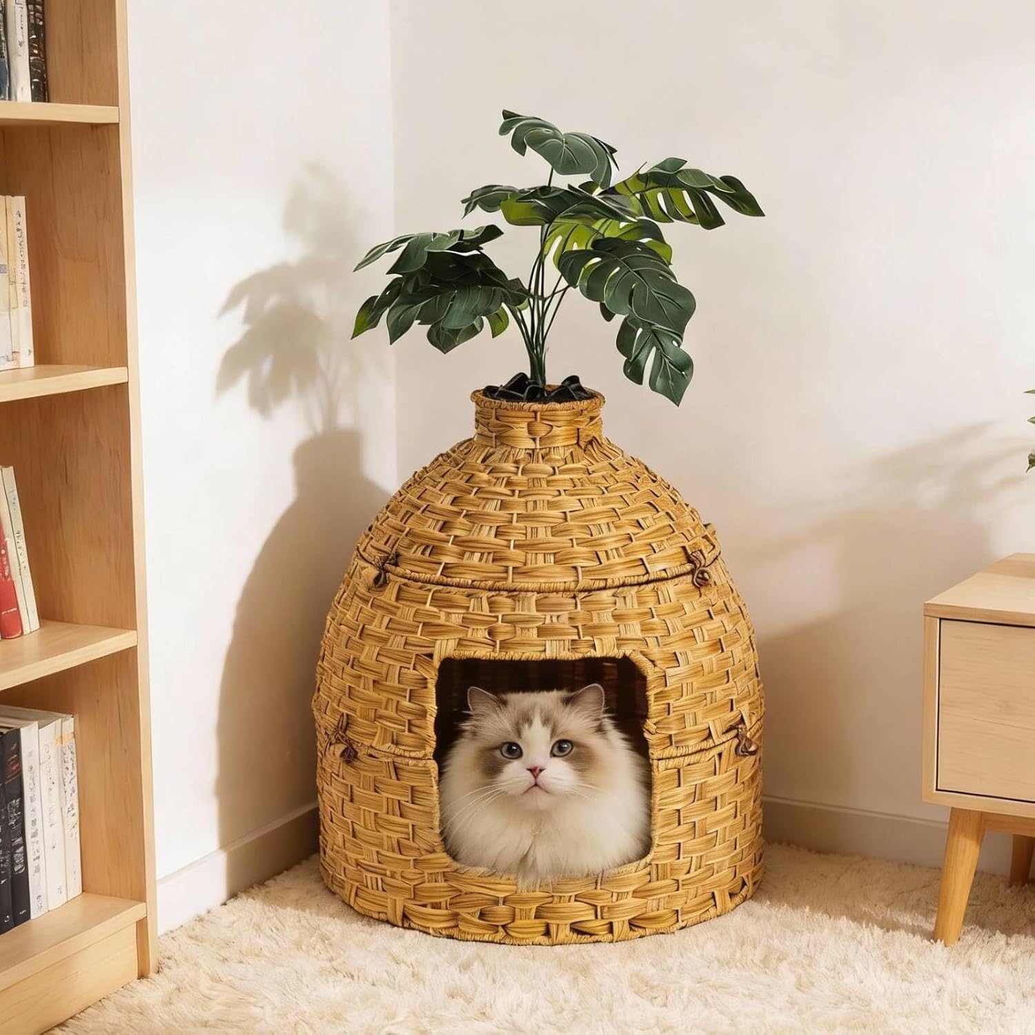 Cat Hidden Litter Box Enclosure Furniture with Artificial Plants,Handwoven Rattan with Cat Litter Box and Real Stones,in Living Room, Bedroom, Corner（Natural）