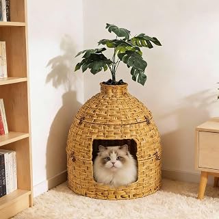 Cat Hidden Litter Box Enclosure Furniture with Artificial Plants,Handwoven Rattan with Cat Litter Box and Real Stones,in Living Room, Bedroom, Corner（Natural）