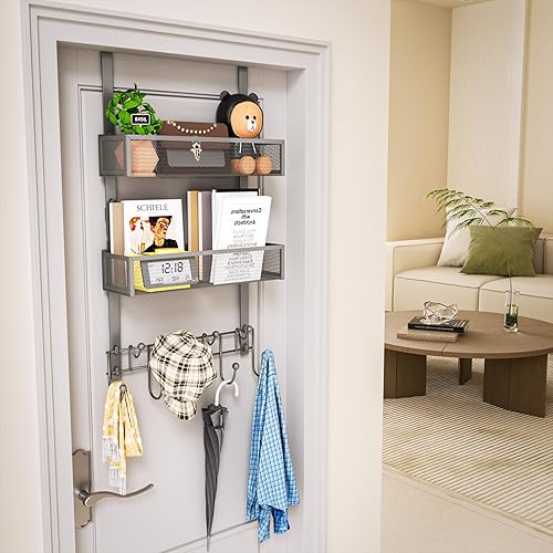 Miniatura 80 de HapiRm Gancho para puerta con 2 cestas de malla y 9 ganchos, acero inoxidable 304 sin perforaciones sobre el colgador de puerta, organizador