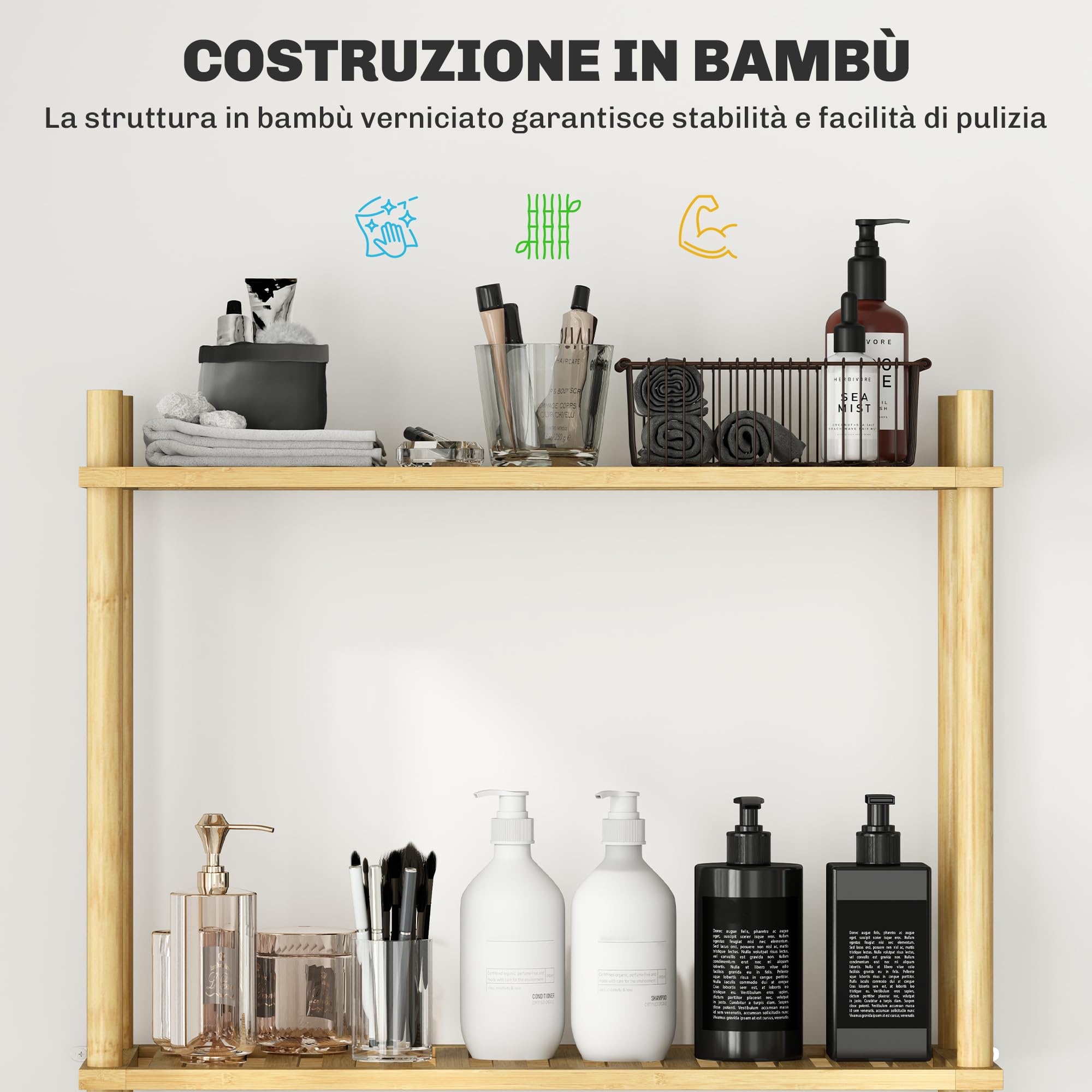 HOMCOM Scaffale da Bagno Sopra WC a 3 Ripiani, Mensola Portaoggetti da Bagno Salvaspazio in Bambù, Mobile Sopra Lavatrice per Lavanderia con Piedini Regolabili, Color Naturale