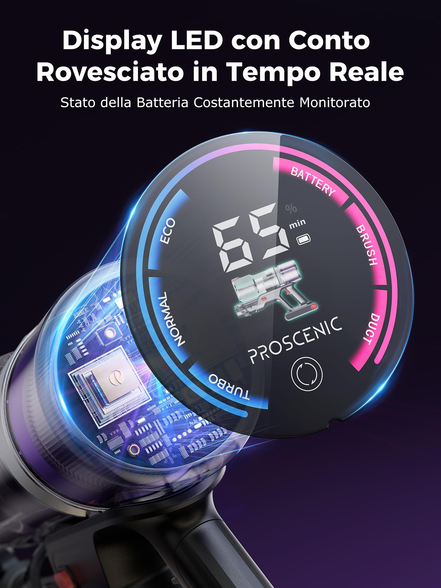 Proscenic P16 Aspirapolvere senza Fili 550W/50KPA/65Min, Scopa Elettrica senza Fili con Tubo Pieghevole, Autonomia conTouchscreen Spazzola Anti-Avvolgimento per Pavimenti/Tappeti/Peli (Blu)