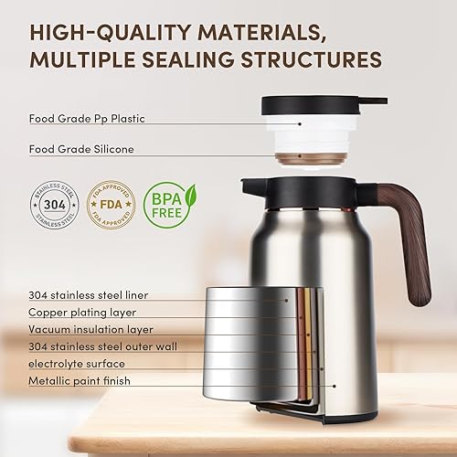 Miniatura 10 de Vondior Coffee Carafe 51oz - 36 Hours Thermal Coffee Thermos- Insulated 304 Stainless Steel Hot Beverage Dispenser - Coffee Carafes For Keeping