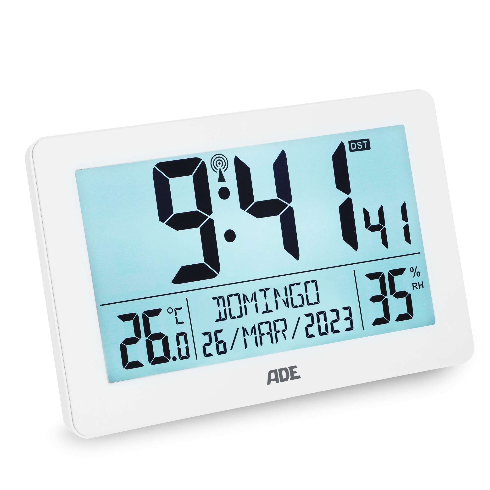 Reloj Digital XL Radio-controlado con dígitos Muy Grandes | Reloj de Mesa con 2 Horas de Alarma e iluminación | termómetro e higrómetro | Marco Delgado Blanco