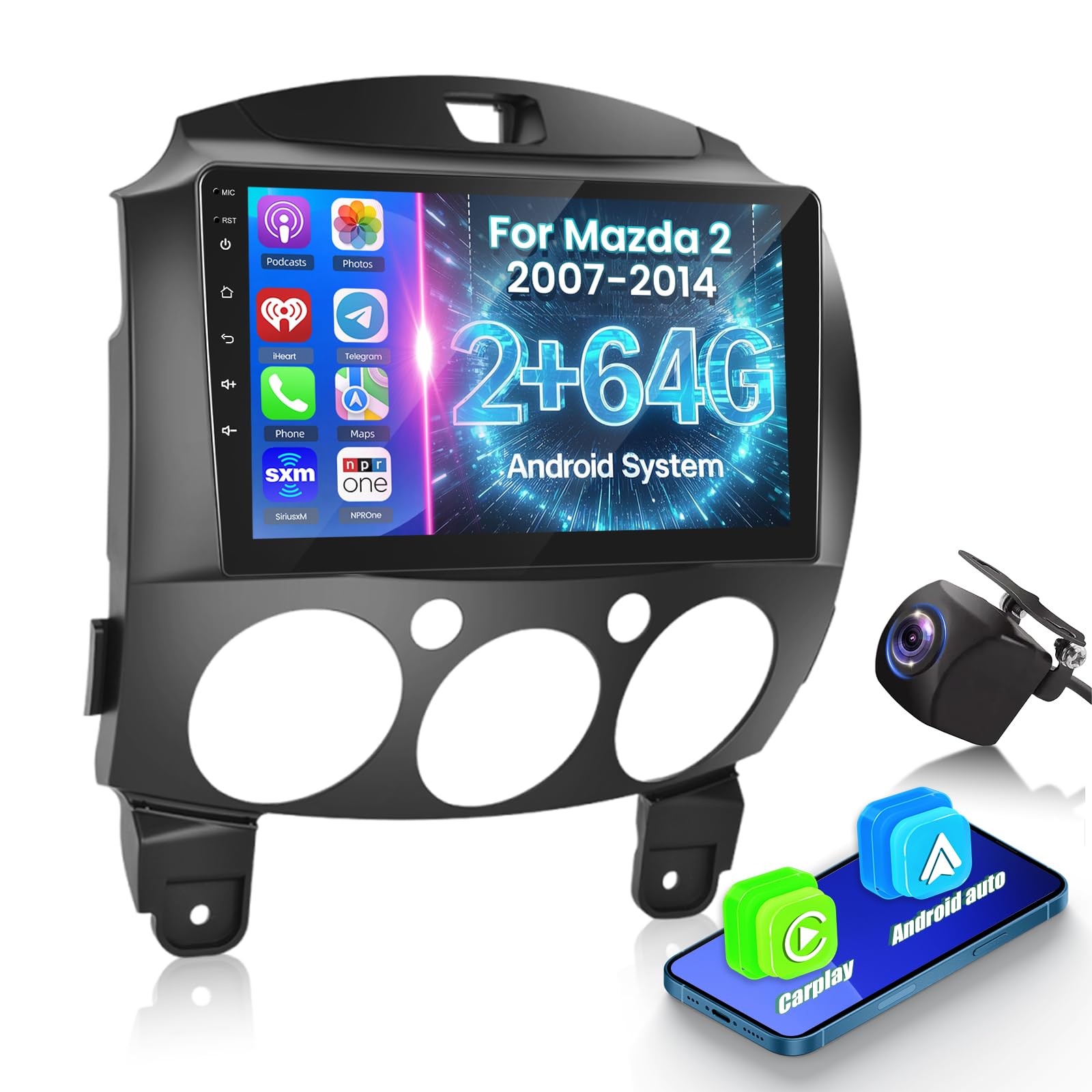 2G+64G Android Autoradio für Mazda 2 2007-2014 mit Wireless Carplay & Android Auto, 9 Zoll Touchscreen Autoradio mit WiFi, GPS Navigation, Bluetooth, FM RDS