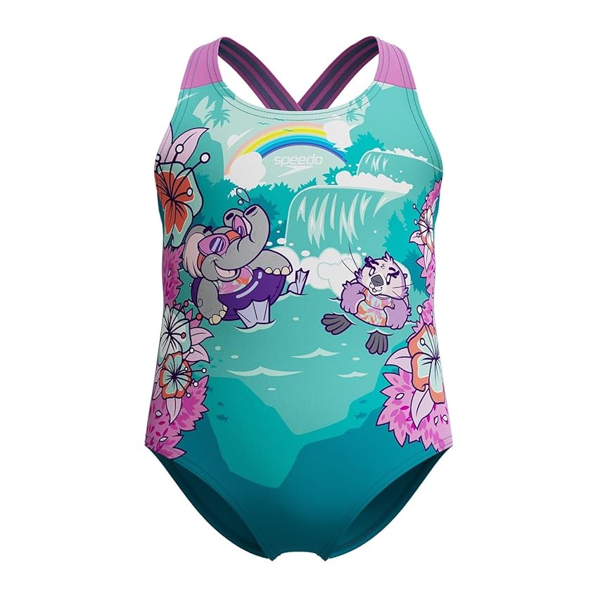 Speedo Learn to Swim Printed Crossback Swimsuit | Chlorine Resistant | Recycled Fabric | Stretchy Fabric Costume da Bagno per Bambina, Neon Violet, 6 Mois-9 Mois