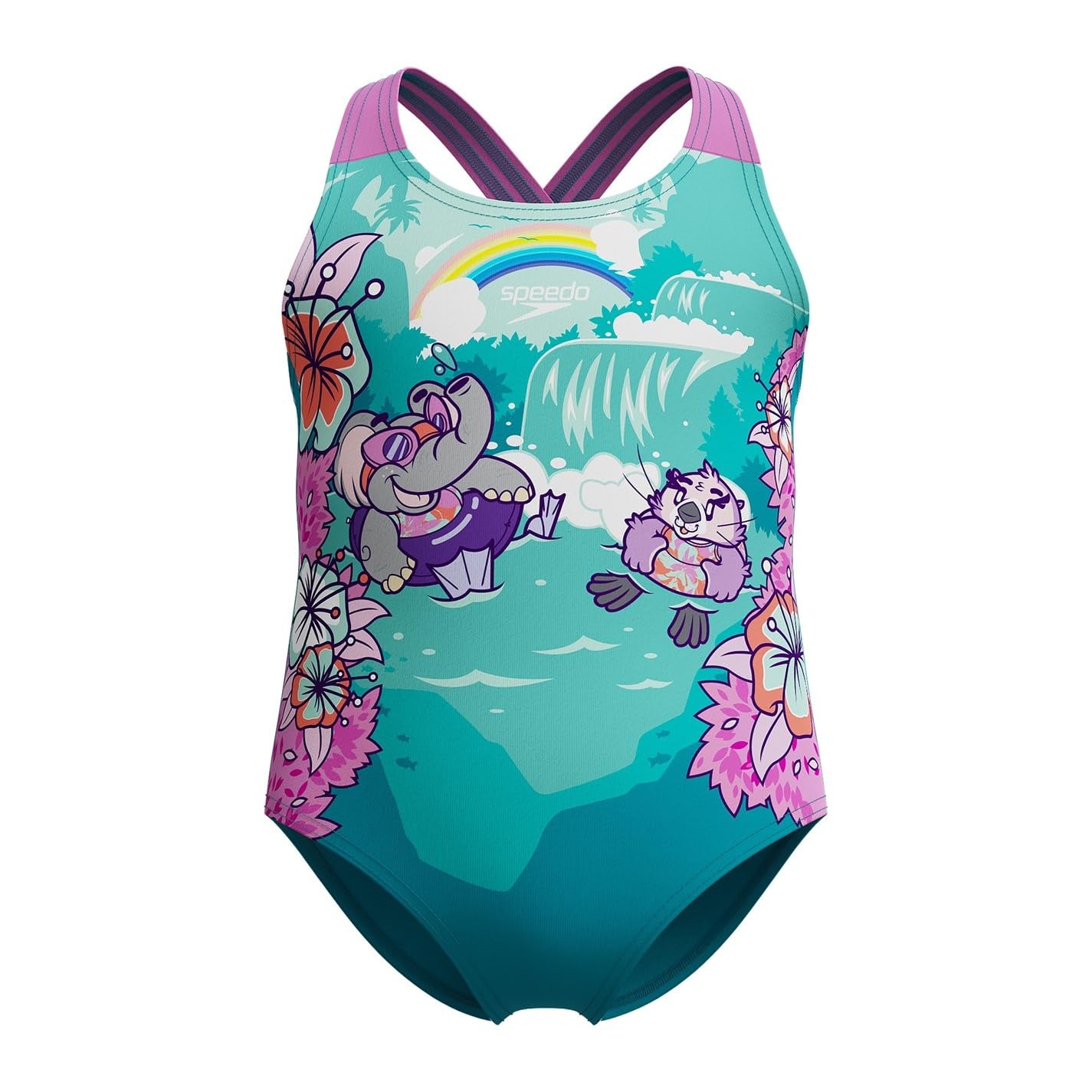 Speedo Girls Learn to Swim Printed Crossback Swimsuit | Chlorine Resistant | Recycled Fabric | Stretchy Fabric Swimwear, Neon Violet, 9-12M
