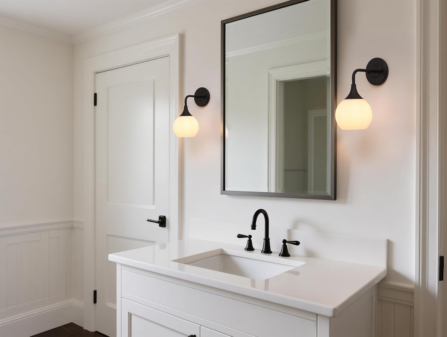 Phansthy Hardwired Modern Wall Sconces, Retro Industrial Wall Lamps, Bathroom Vanity Sconces Wall Lighting with Striped Glass Shade for Bedroom Living Room Corridor Kitchen (Black + White Shade)