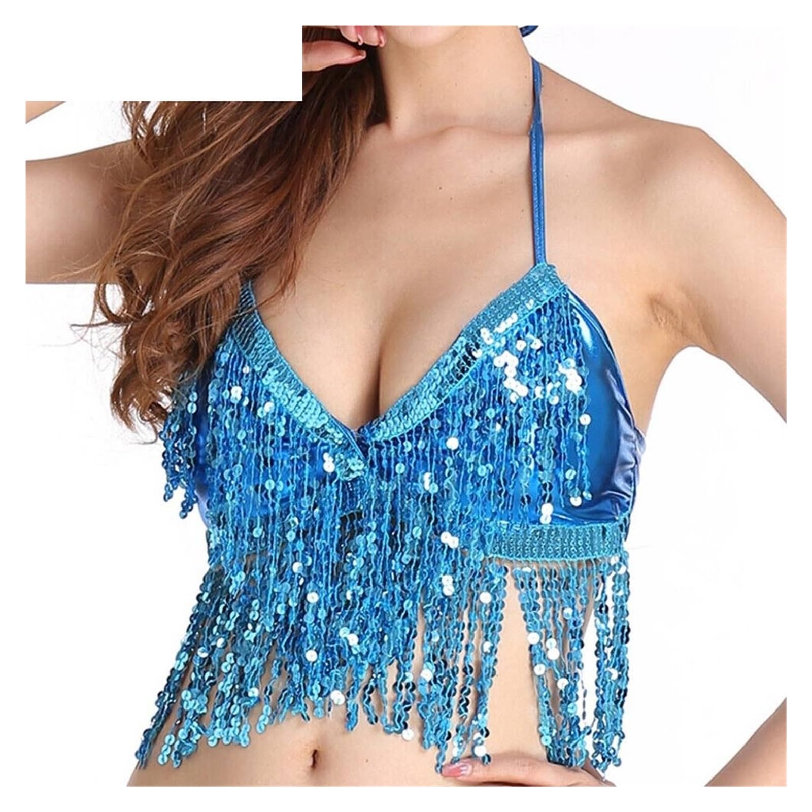LIUHLFSR Belly Dance Sequin Fringe Top Nightclub Performance Halter Bra Wear Show Costumes for Dancing Carnival Party(Blue)