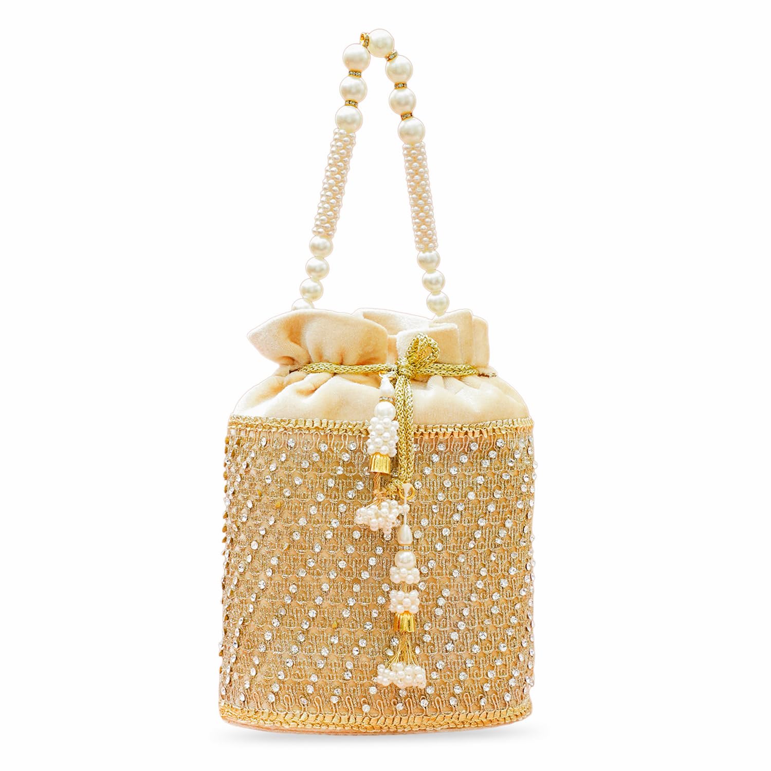 Cream Gold Embroidered Potli Bag with Pearl Handle Festive Handbag Wedding Party Festival Gift for Women & Girls-image-15