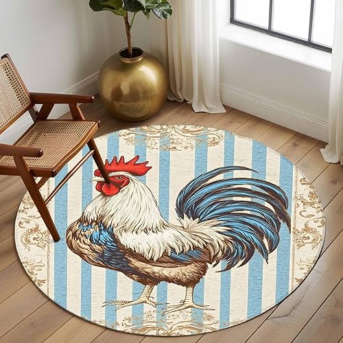 Miniatura 3 de 8ft Round Rug, Retro Rooster Non-Skid Rubber Backing Large Area Rugs - Living Room Bedroom Home Office, Striped Farmhouse Animals Watercolor Indoor
