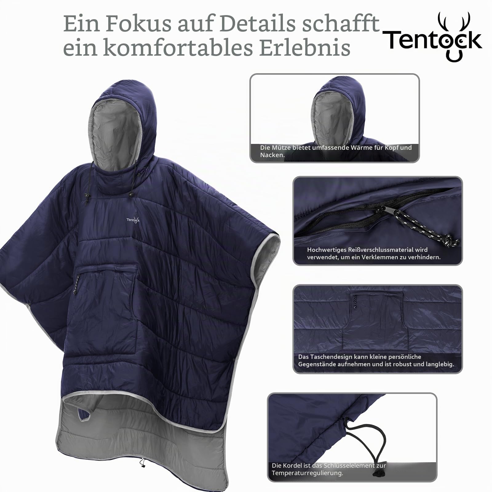 Tentock Unisex Winterponcho mit Kapuze Warmer Decken Kapuzenpullover Ultraleichter Schlafsack Wasserdicht Kleine Steppdecke für Outdoor Camping Wandern