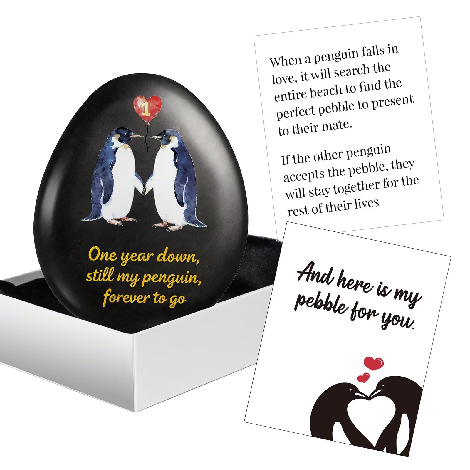 Happy 1st Year Anniversary Penguin Pebble Gift for Men Women,Romantic Paper Anniversary Penguin Gifts for Couples, Wife, Husband, Friends, I Love You gifts Ideas for Her Him Girlfriend Boyfriend