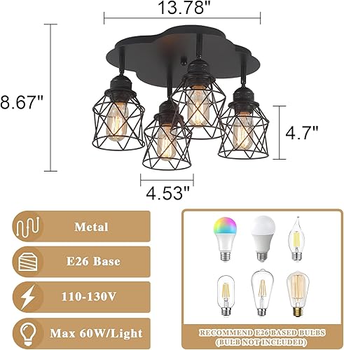 Miniatura 6 de Lámpara de techo de cocina de 4 luces, ajustable, multidireccional, negra, de montaje empotrado, lámpara de jaula de metal vintage para pasillo,