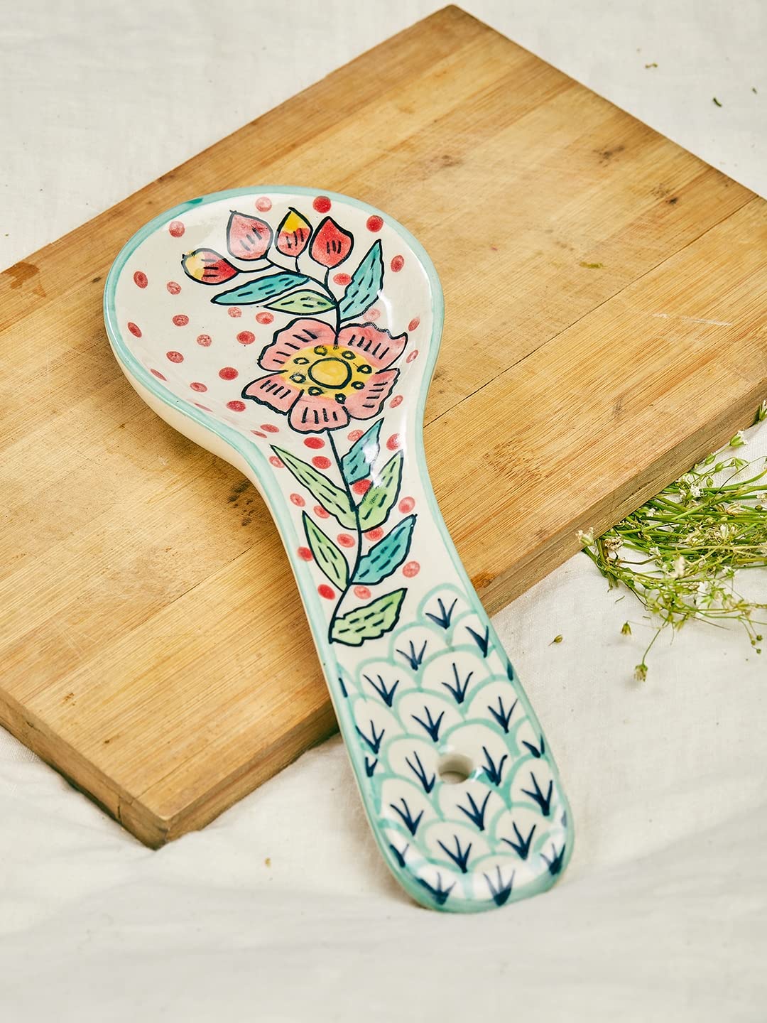 The Wishing Chair Poppy Petals Handpainted Ceramic Spoon Rest | Spatula Holder for Kitchen | Handpainted Spoon Rest for Kitchen | Stoneware Spoon Holder | Non Toxic | Dishwasher Safe | Eco Friendly