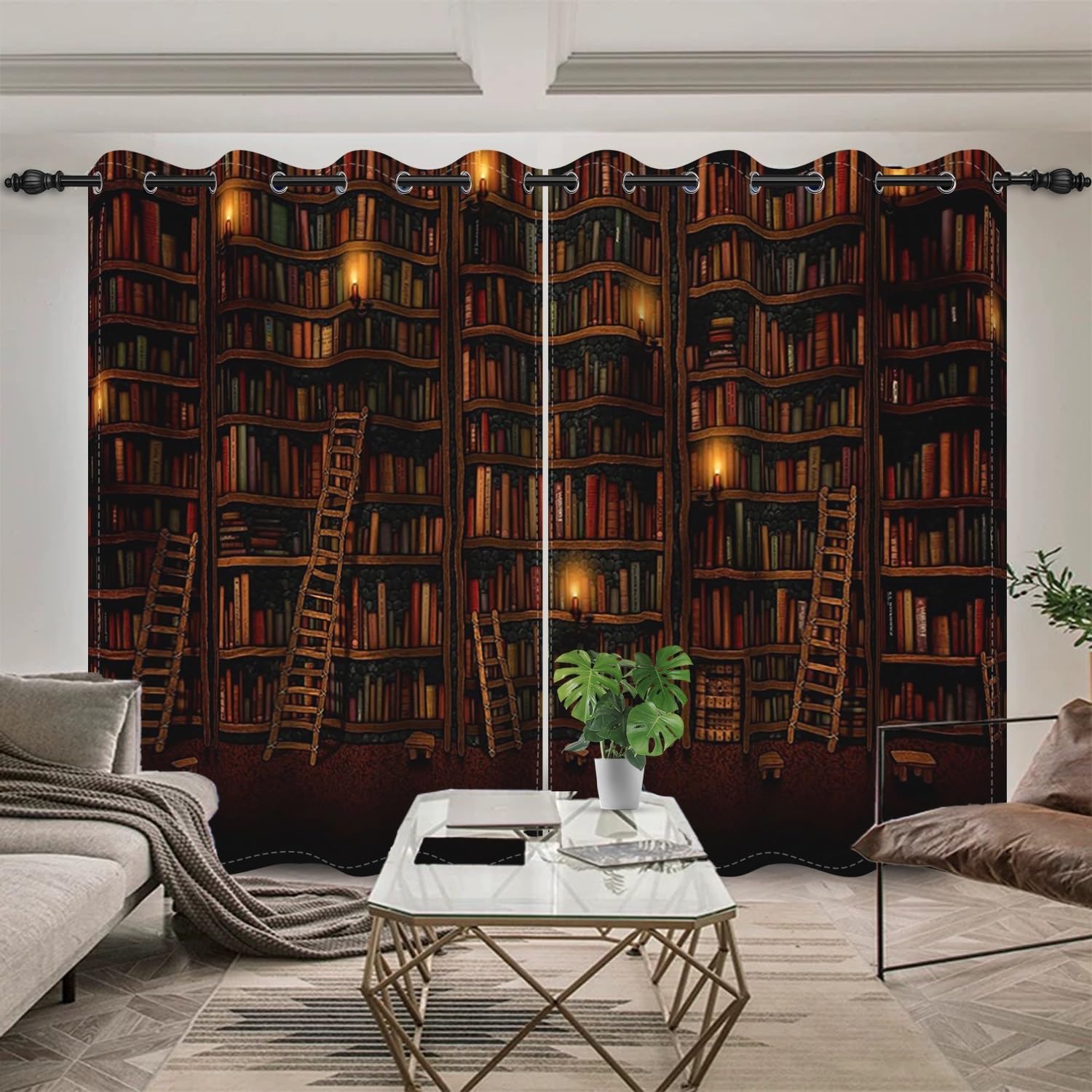Umpoo Vintage Bookshelf Library Blackout Curtains 3D Wood Bookcase Ladder Candle Abstract Window Drapes Decor for Bedroom Living Room Grommet Top