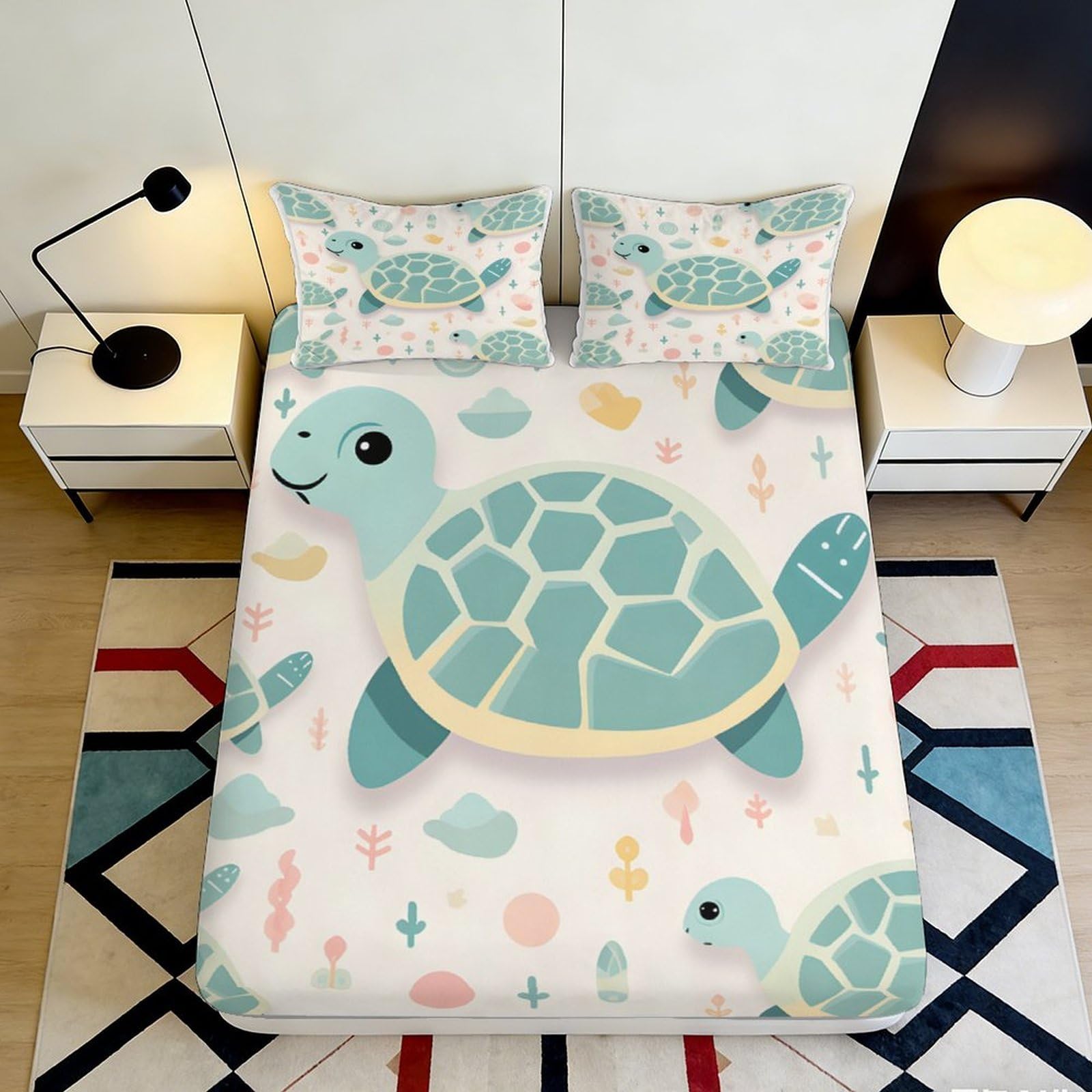 3D Printed Sea Turtle Fitted Sheet Microfiber Soft Blue Cartoon Ocean Mattress Cover for Bedroom Guest Room Decor 90x200x25cm