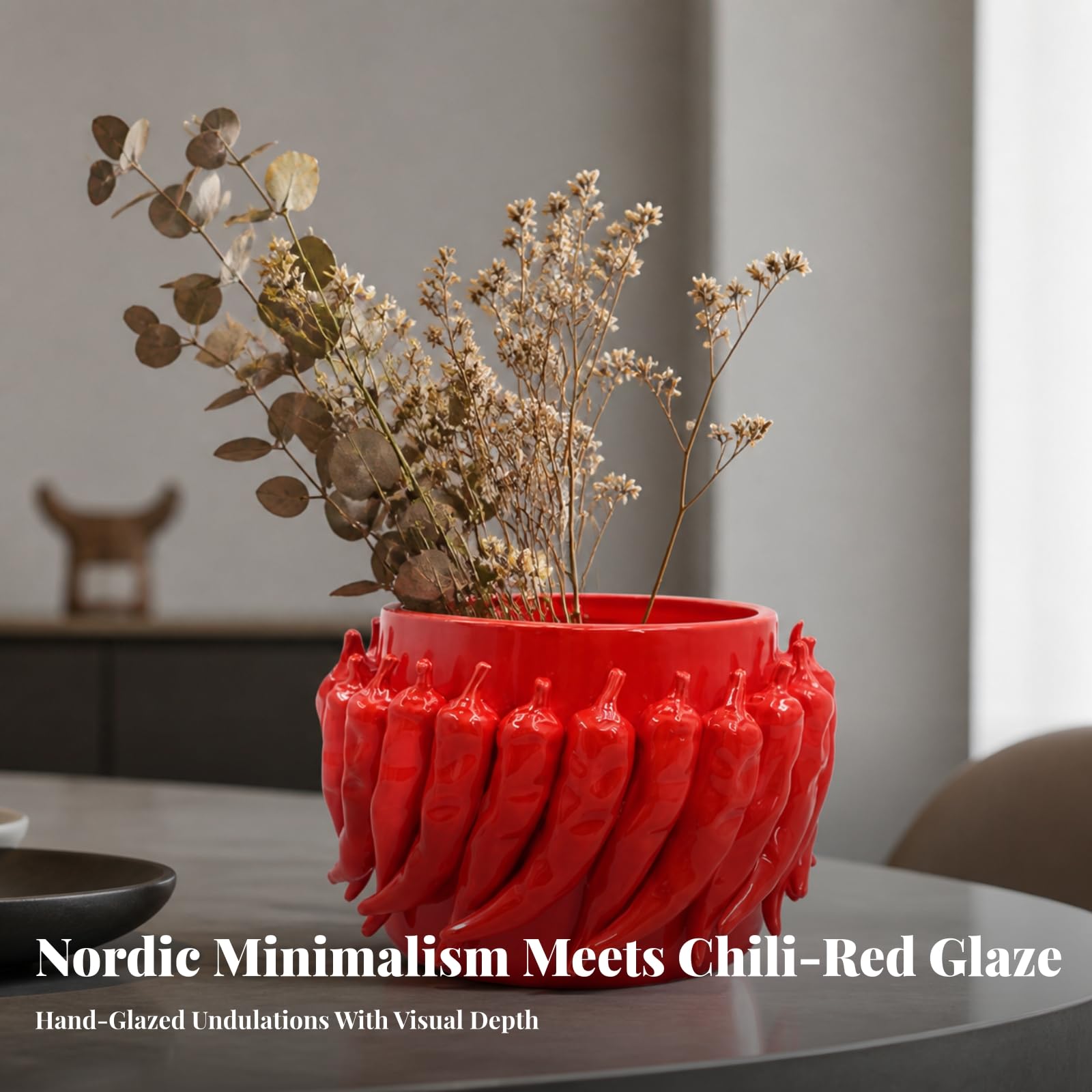 Vase mit Chili Design r Zylindrischer Blumentopf für Kleine Zimmerpflanzen Tisch Regal Schreibtisch Wohnzimmer Einrichtungsgegenstand in