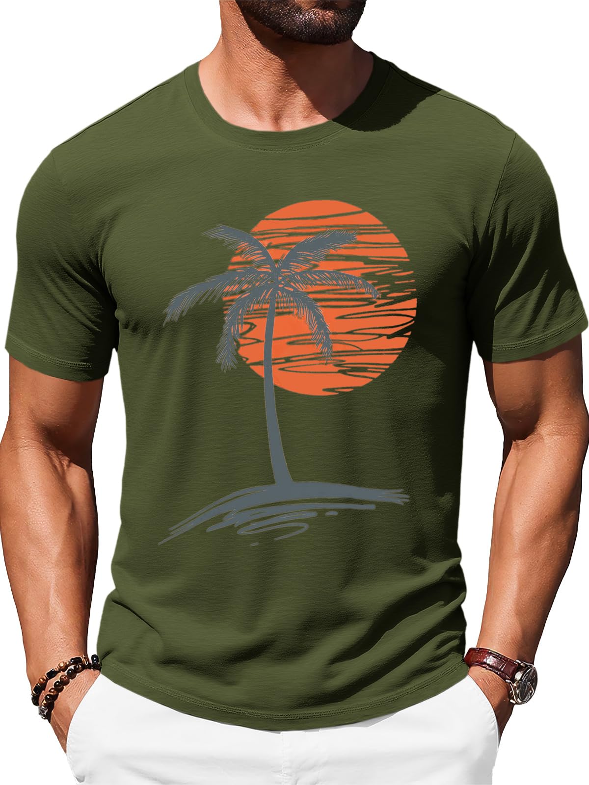 Runcati Herren T-Shirt Kurzarm Sommer Oberteile Rundhals Palm Druck Strand Shirt Regular Fit Sport Funktionsshirt Freizeit Basic Tee Tops