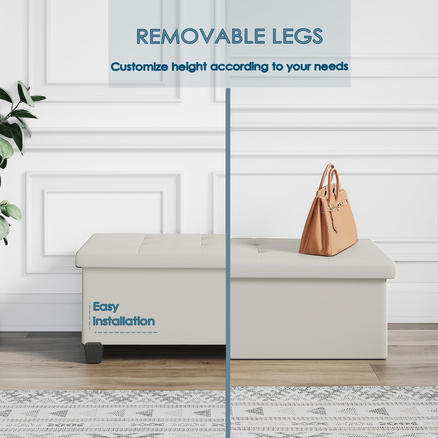 Panca Contenitore STORAGEBUD In Tessuto Avorio, 109 Cm, Con Due Scomparti E Gambe Rimovibili, Max 299 Kg