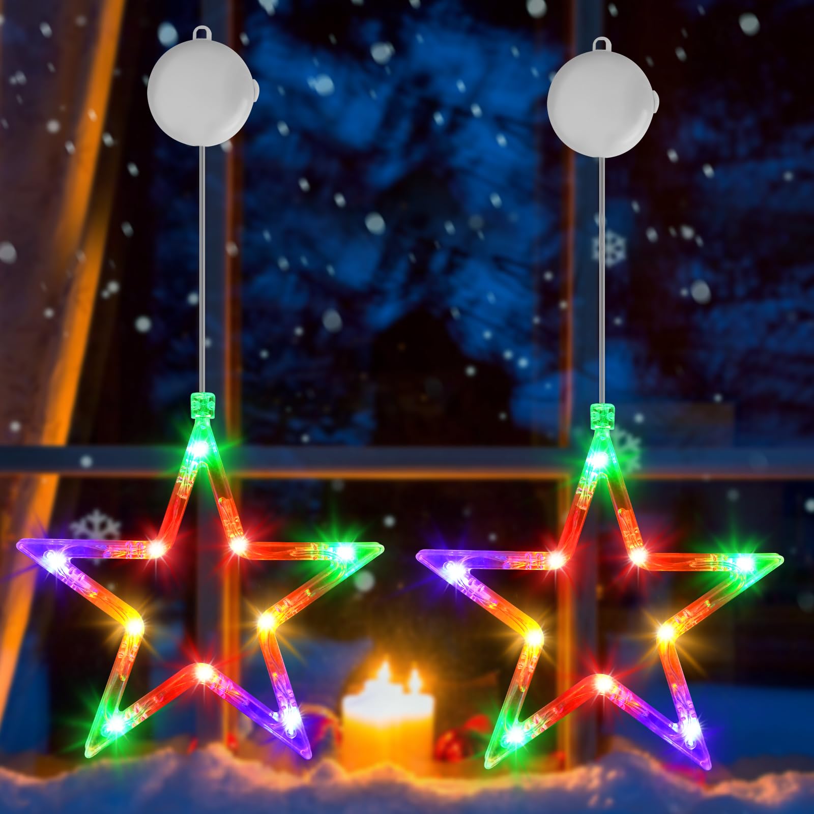 OUILA RGB Christmas Window Star Lights, Coloured Fairy Lights with 2 Mode Flashing/Always on, Hanging Christmas Light Battery with Timer & Suction Cup & Hooks Curtain Light for Window Xmas Decorations
