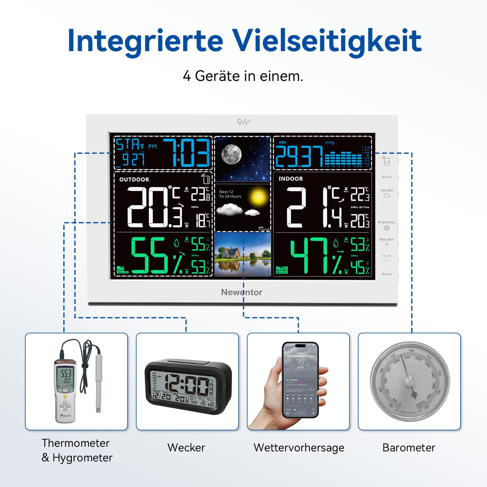 Newentor Wetterstation Funk mit Außensensor | 7,6" Farbdisplay, Funkwetterstation mit Thermometer und Hygrometer, Außensensor mit eigenem Display, Weiß, 2 Außensensoren
