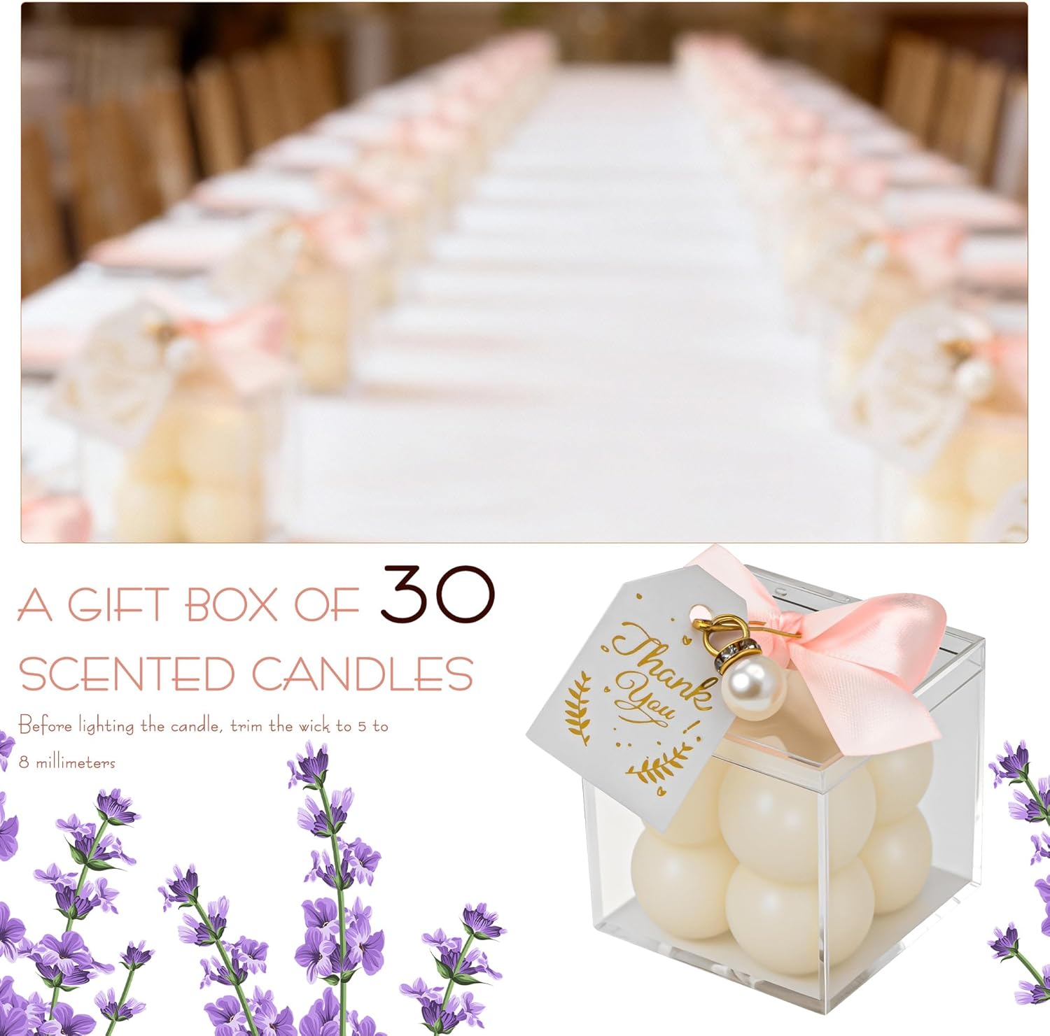 SHIDOW Mini Bubble Cube Scented Candles with Gift Boxes, White Soy Blend Wax, Lavender Fragrance, Wedding Favors, Party Decorations, Bathroom/Office/Home Decor (White, 30Pcs)