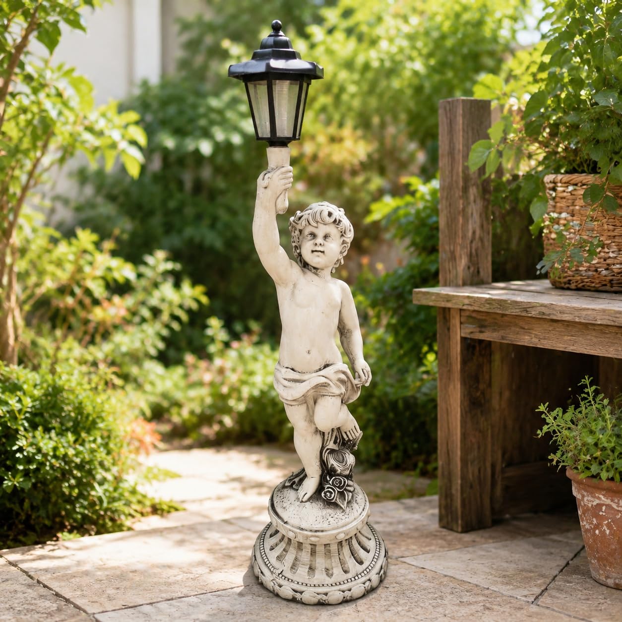 Fontana Solare da Giardino Esterno con Luci, Abbeveratoio e Mangiatoia per Uccelli, Decorativa per Giardino, Statua di angelo con lanterna - Sinistra