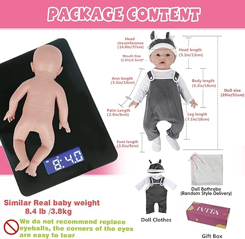 Miniatura 6 de IVITA - Muñecas Reborn de 20 pulgadas de silicona para niños, bebés recién nacidos realistas, muñecas de la vida real para niños de 3 años en