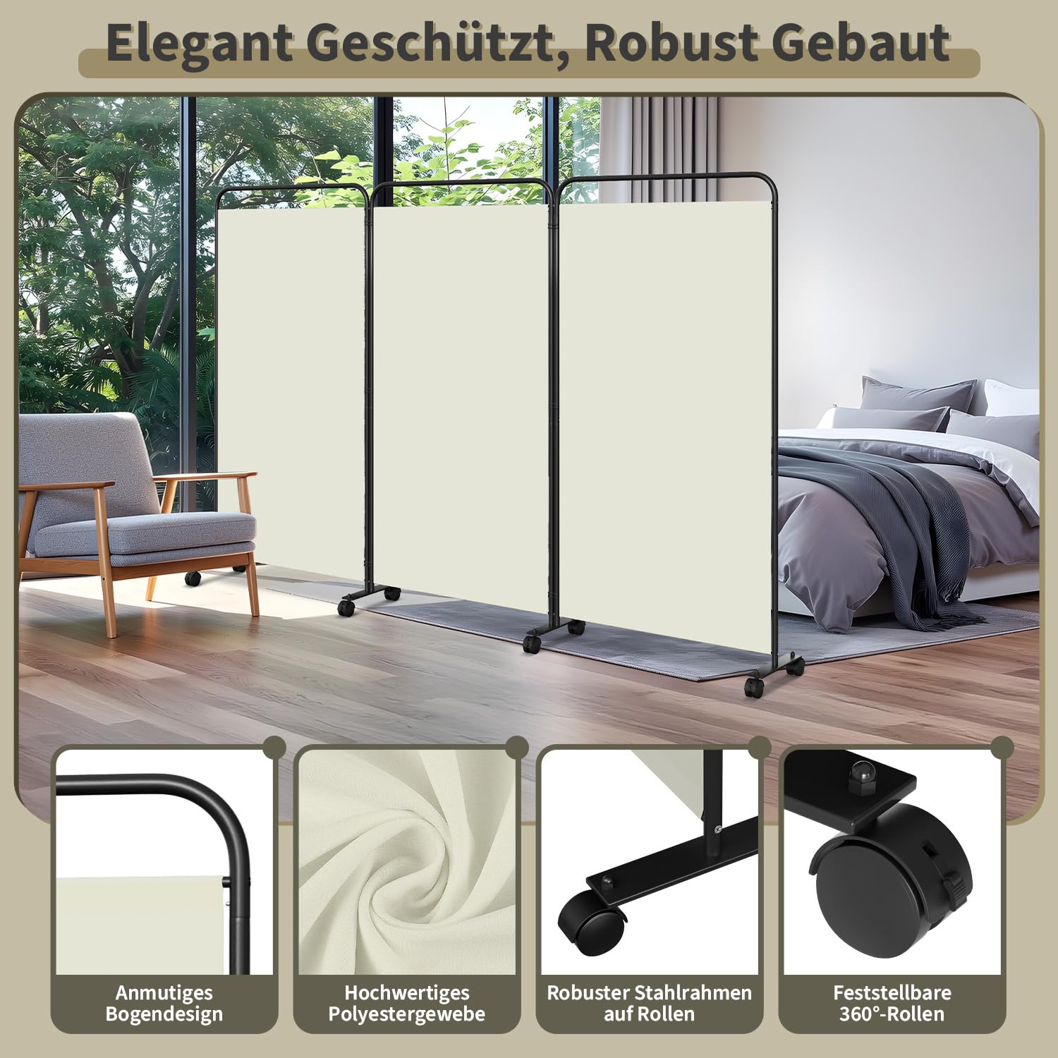 Biombo con ruedas, flexible, 3 piezas, protección privada, 263 x 180 cm, ajustable, protección visual, protección contra el viento, para jardín, muebles de baño, oficinas, color beige