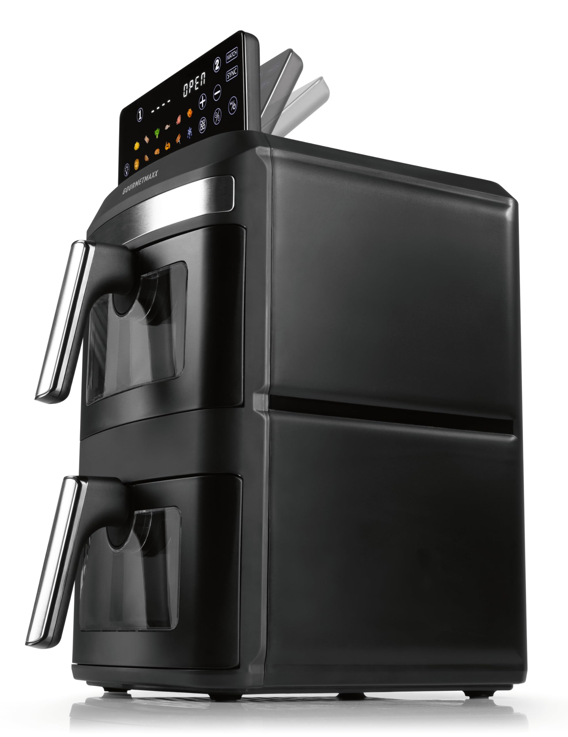 GOURMETmaxx FryUp XL - Friggitrice ad aria calda a doppia camera verticale con finestra – 12 l | Airfryer con display touch LED multicolore da 9,6 pollici e 12 programmi | Friggitrice ad aria calda a