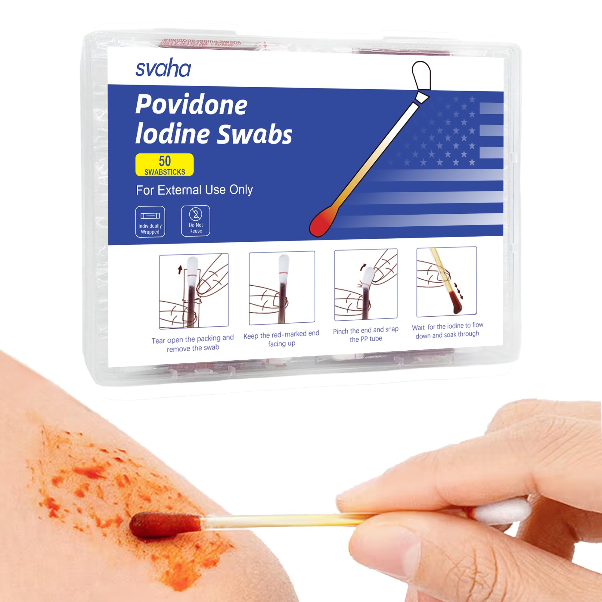 Iodine Swabs 50 Pack - Povidone Iodine Swabsticks with Snap-Release Solution Individually Wrapped for Wound Care First Aid