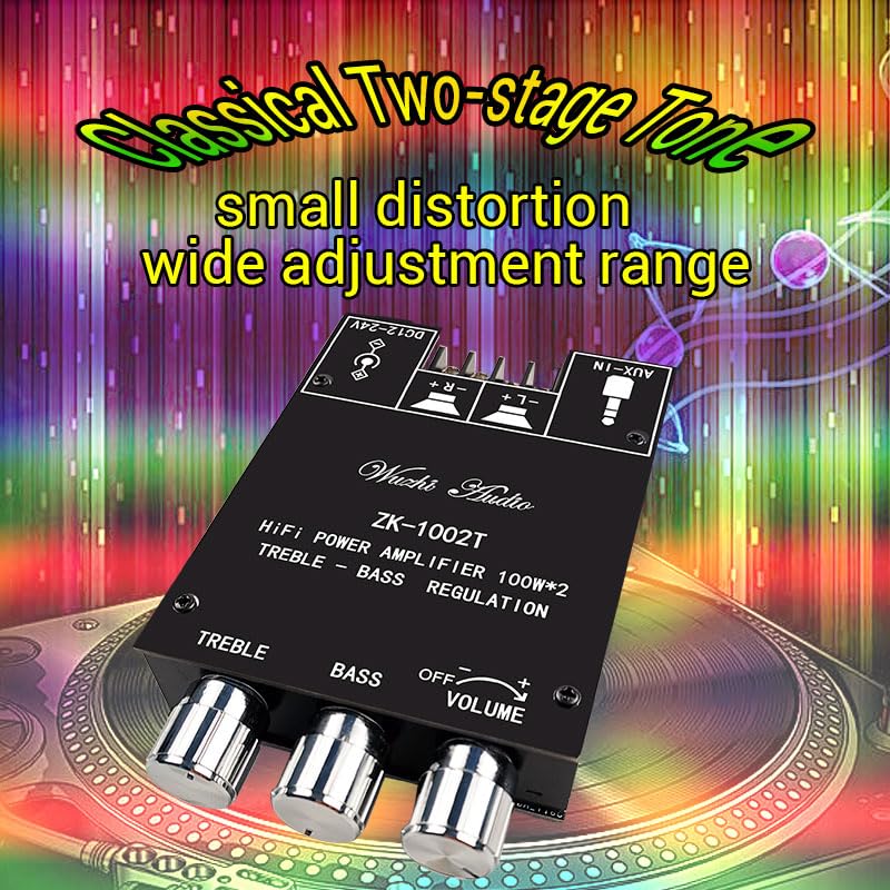 ZK-1002T 100W+100W Bluetooth Amplifier Board, 2.0 Channel Bluetooth 5.0 Subwoofer Audio AMP with Treble and Bass Control, DC12-24V, BT and AUX Inputs, TPA3116D2 Chip Stereo AMP Board for DIY Speakers