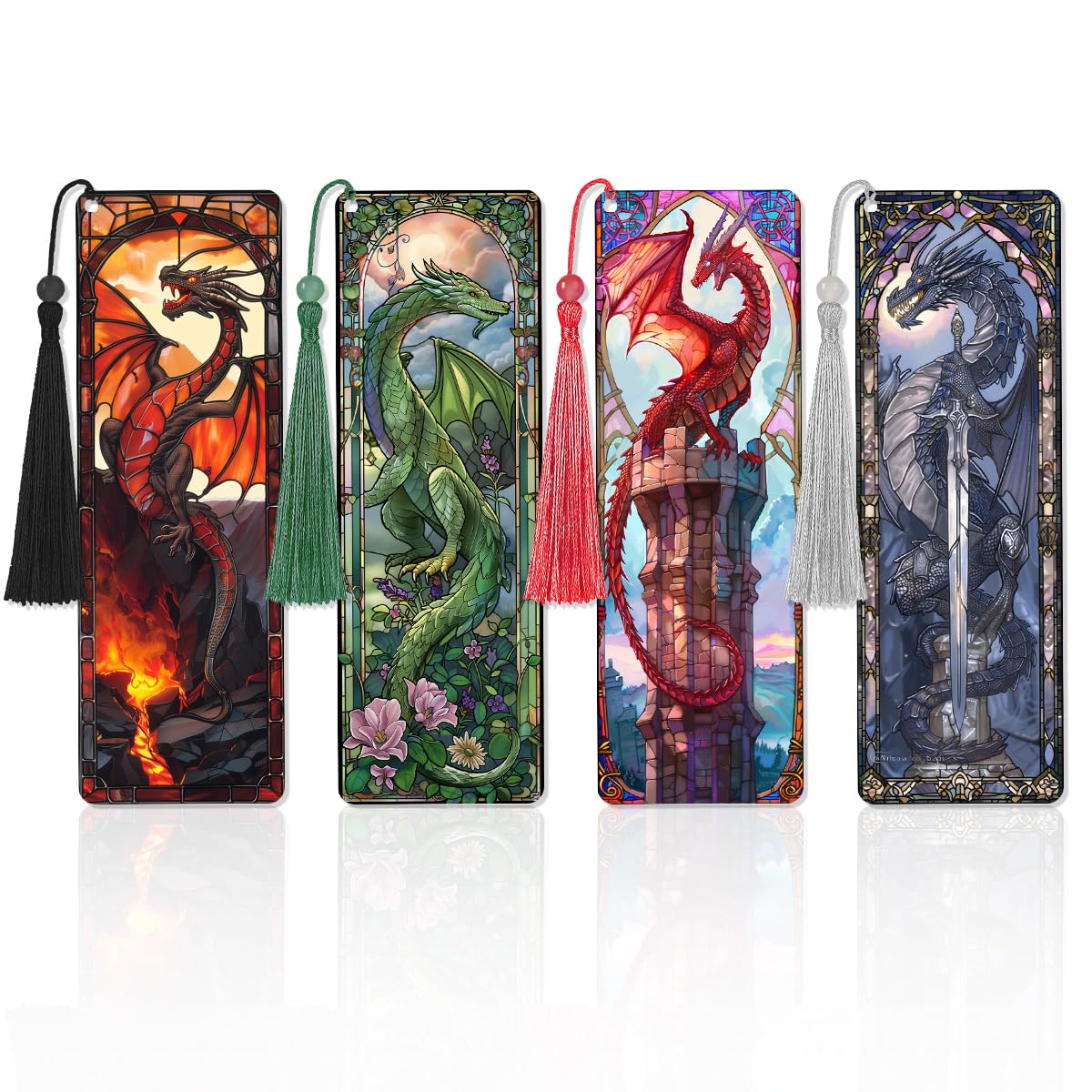 Zaamwoyy 4 Pcs Stained Glass Dragon Bookmarks Gifts for Women Men, Transparent PVC Bookmark with Tassels, Cool Book Lovers Accessories, Unique Reading Book Marks for Bookish Office School