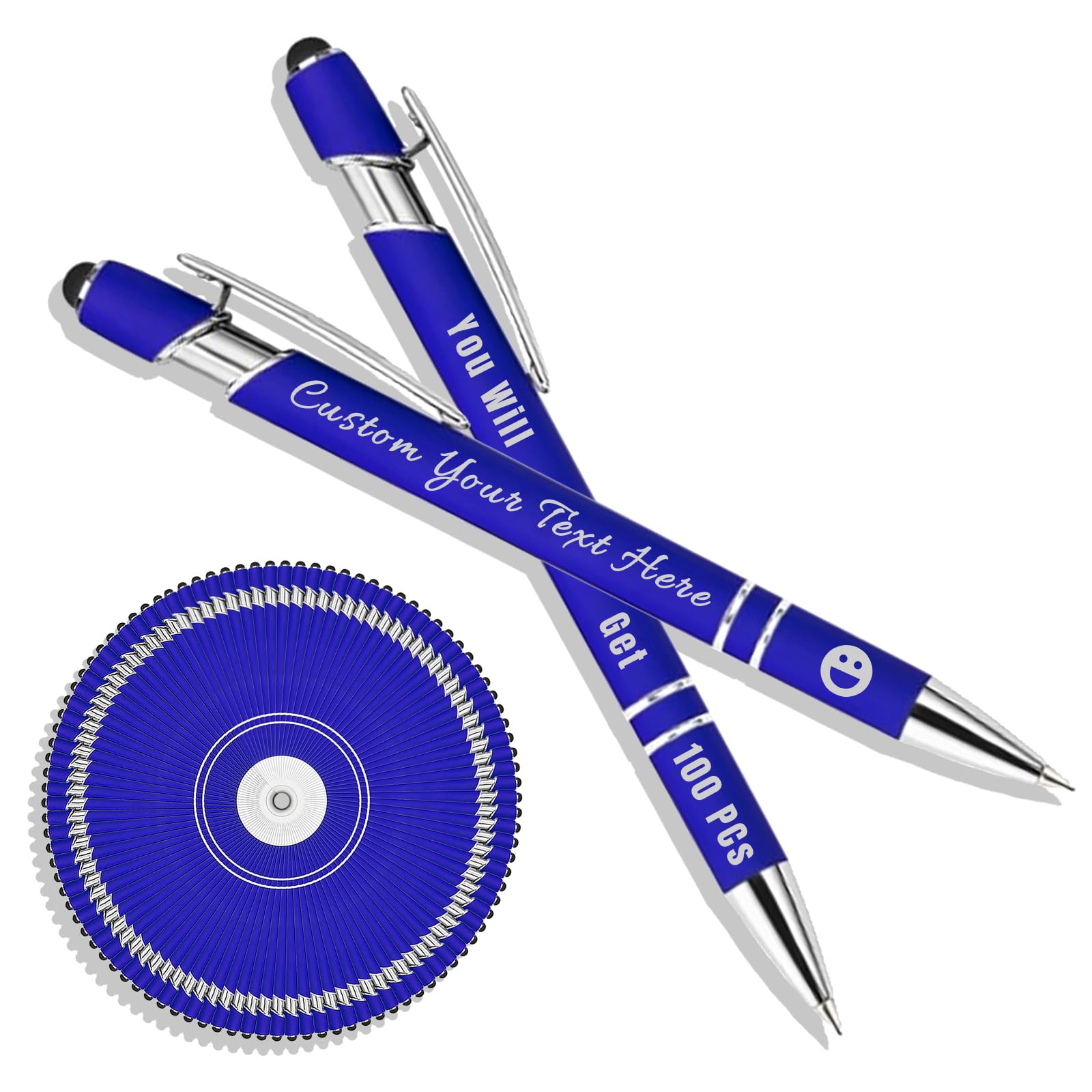 Generisch Personalisierter Kugelschreiber mit Lasergravur, Kugelschreiber mit Stylus, Stifte-Sets mit 10/20/50/100 Stiften, Gehäuse in Verschiedenen Farben Blau 100