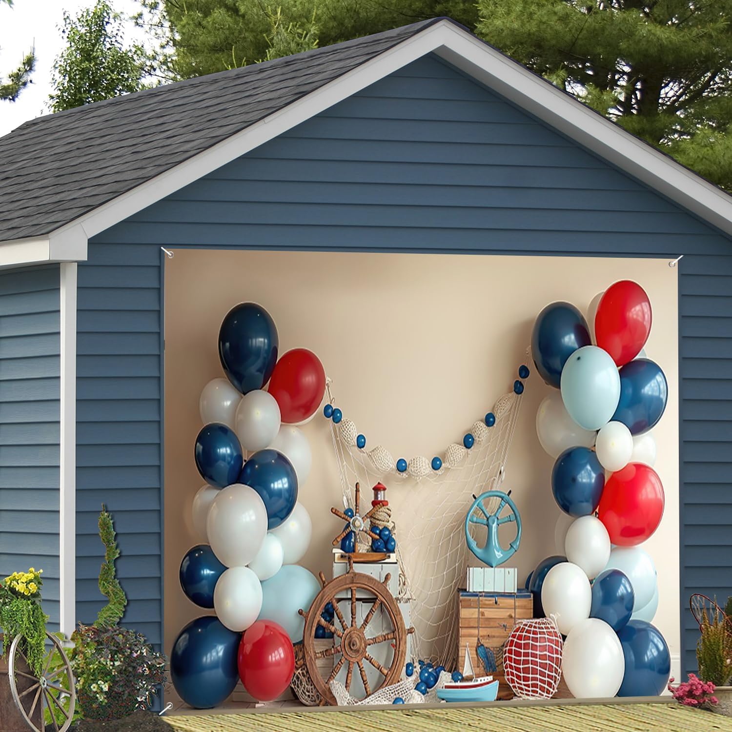 7x8ft Nautical Garage Door Decor Red White Blue Balloons Ship Wheel Lighthouse Accents Fishing Net Garage Door Cover for Indoor Outdoor Maritime Festive Kid Birthday Party Decor