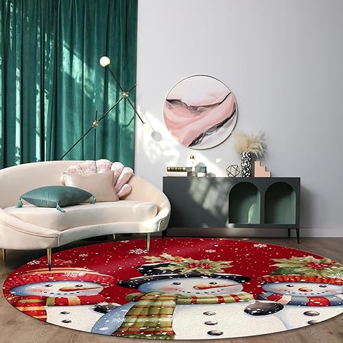 Miniatura 3 de Alfombra redonda de muñeco de nieve roja de 6 pies, lavable para interiores y exteriores, para dormitorio, cocina, baño, sala de estar, comedor,