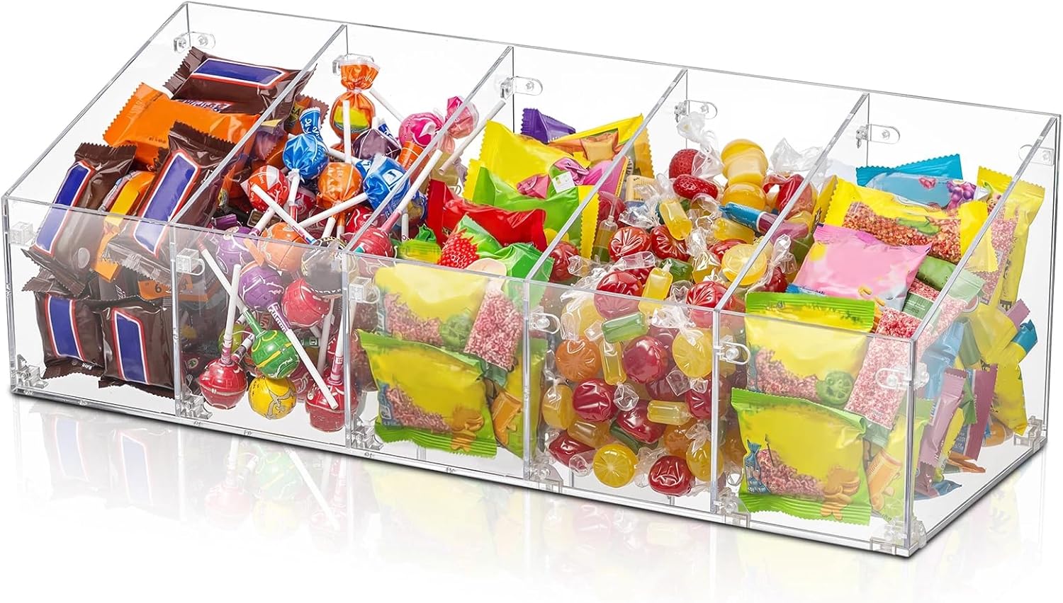 Geelin 5-compartment Acrylic Candy Display Bin, 23.6" Wide 5.2 Gallon Clear Food Storage Organizer with Partitions for Kitchen Pantry, Countertop, Retail Store