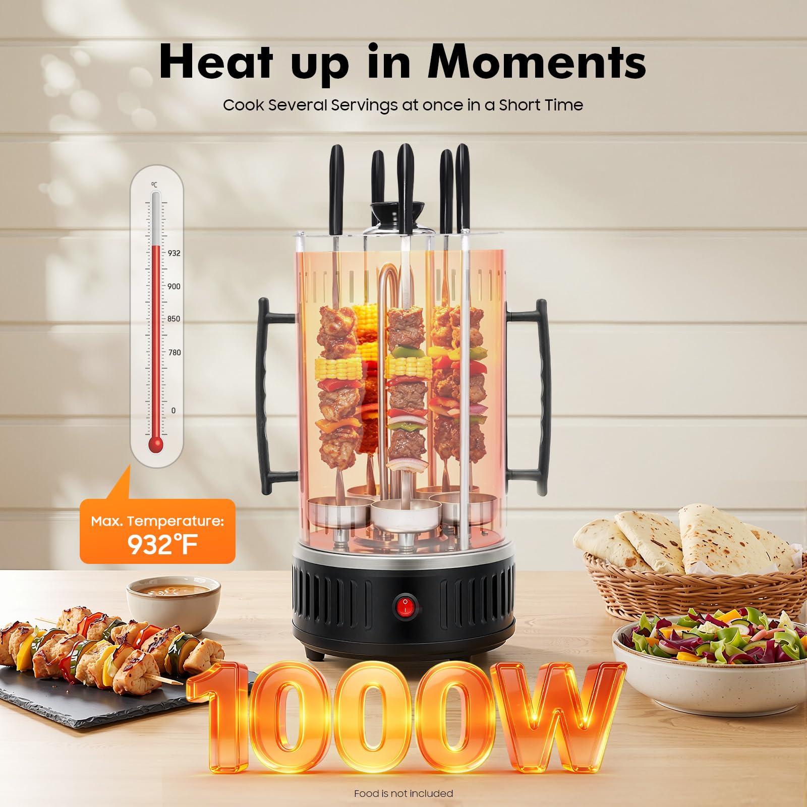 Griglia elettrica verticale da 1000 W, per shish kebab BBQ con 5 spiedini, per casa e picnic