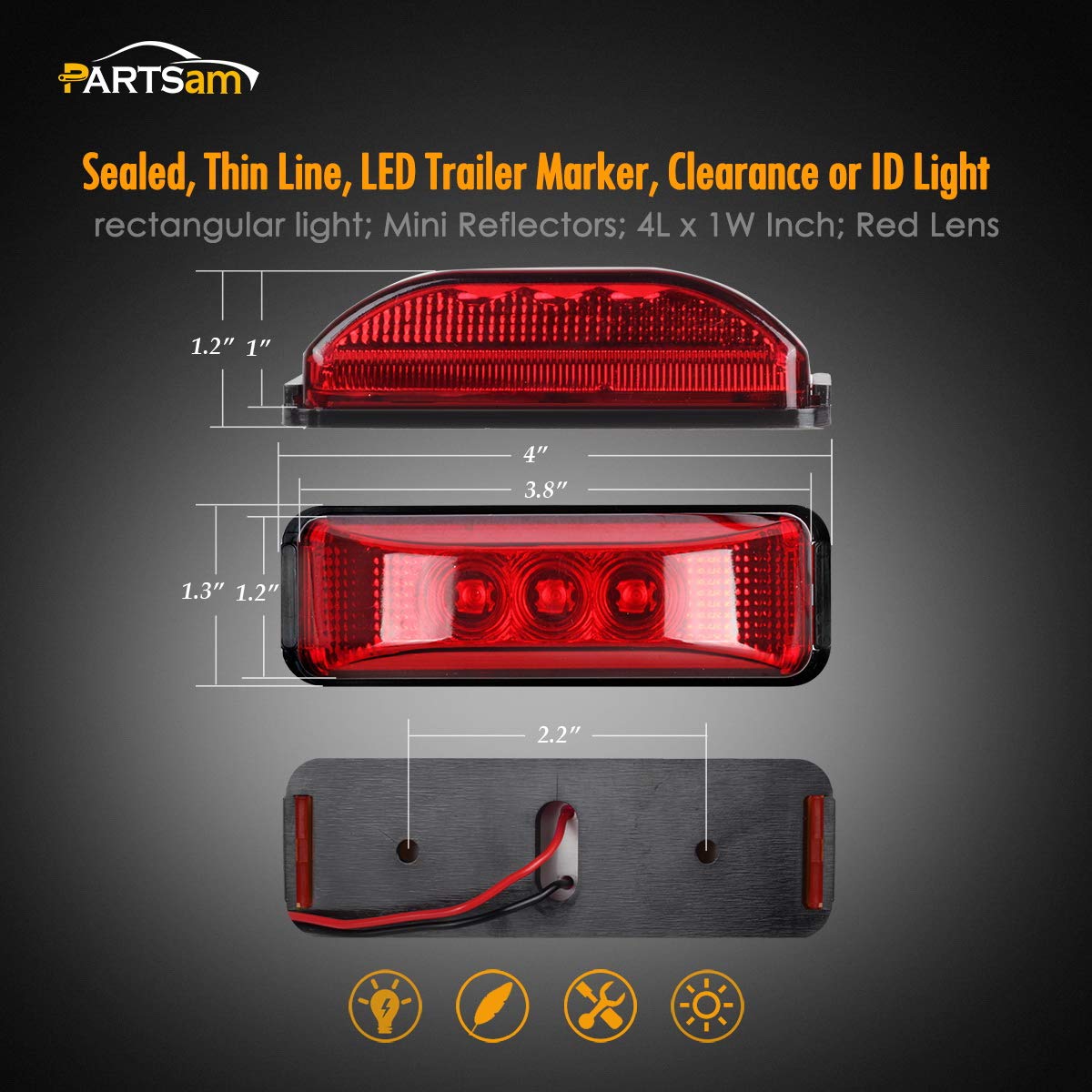 10 luces LED de 3.9 pulgadas, impermeables, color rojo, 3 LED, para remolque, camión, barco, DC12 V, luz LED facetada de línea fina, remolque, camión o luces laterales con mini reflectores 6