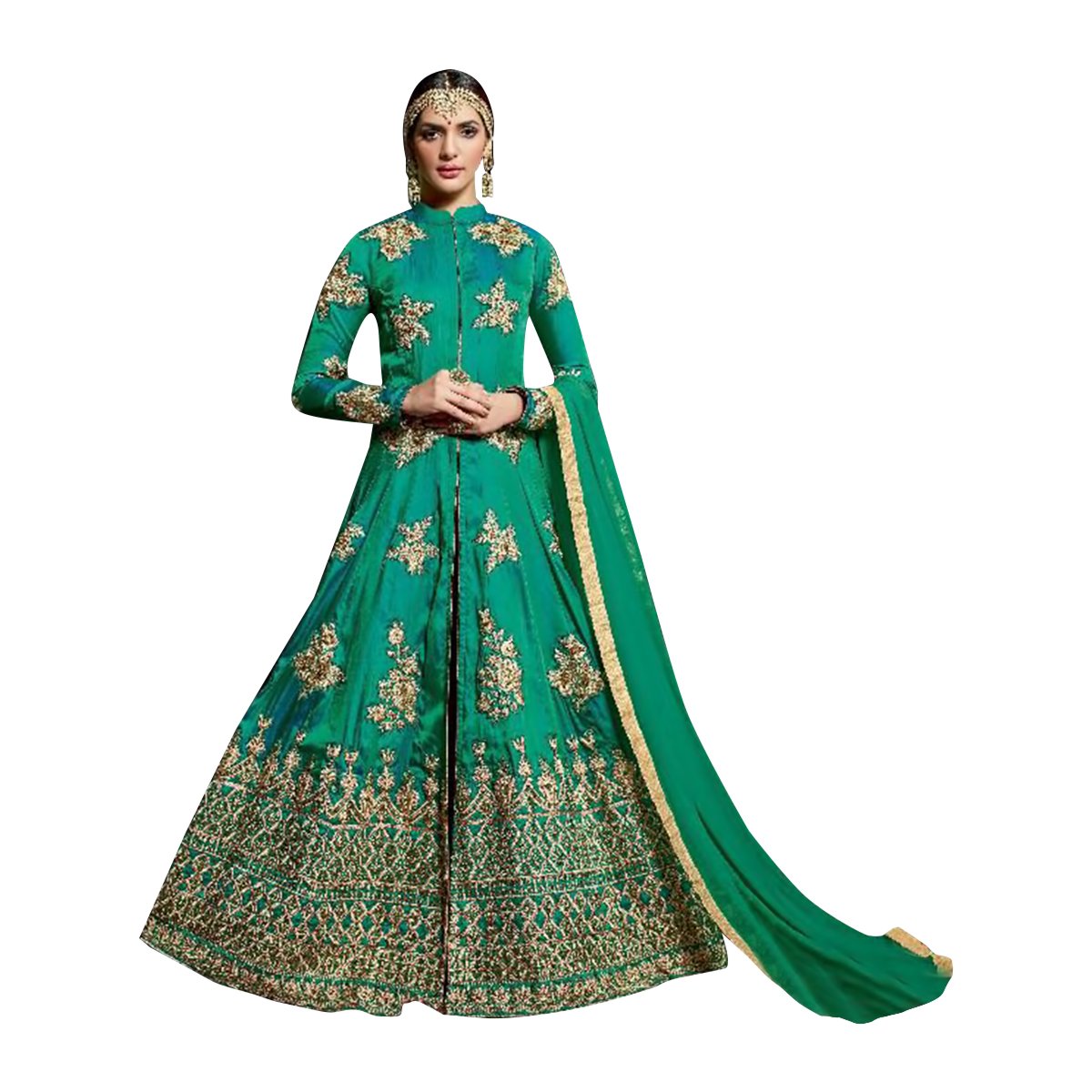 Anarkali vert brodé semi-stitched pour s'ajuster à votre morphologie - 3