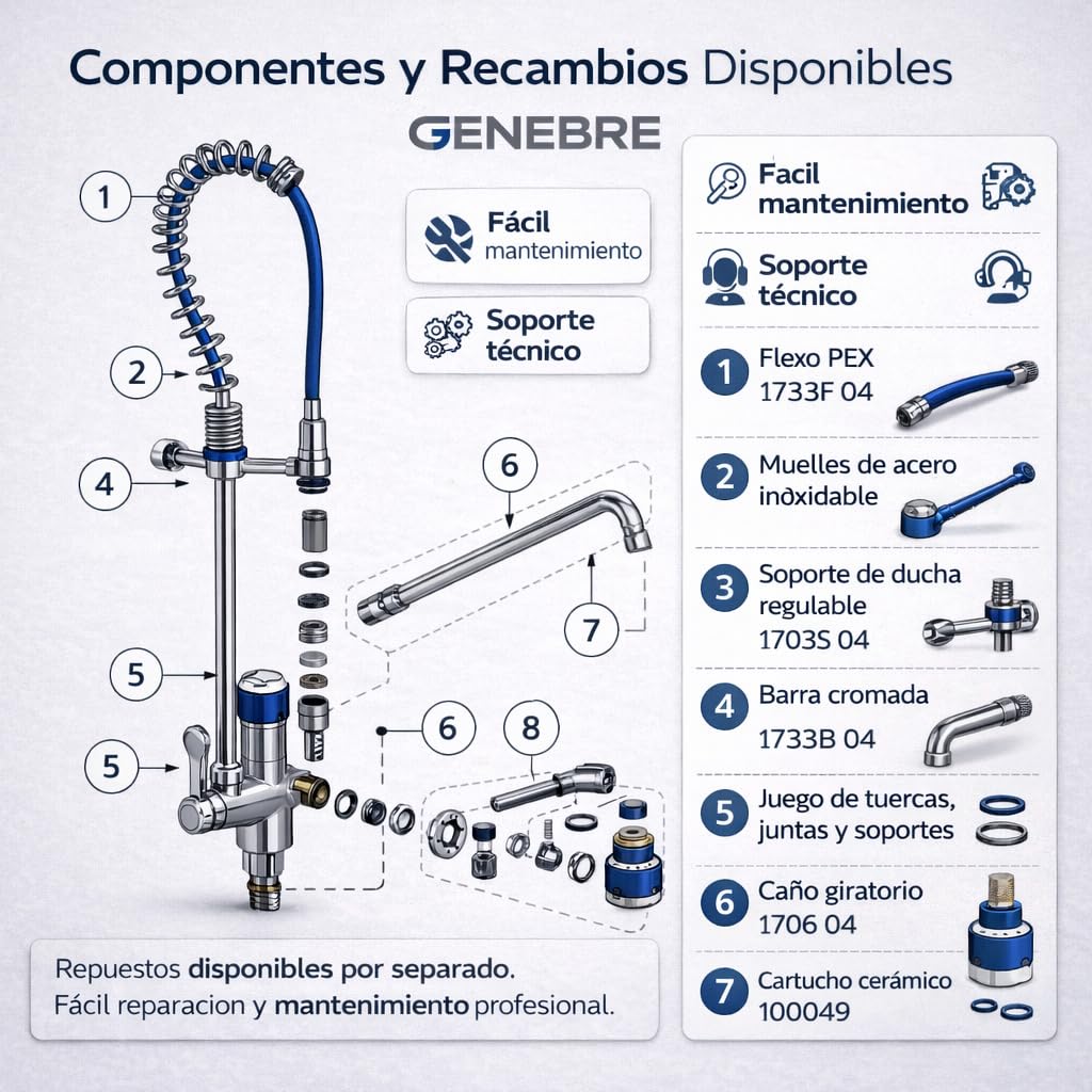 Genebre - Grifo Columna Prelavado Profesional 1803 04 | Grifo Industrial Monomando con Ducha Extraíble y Maneta Médica | Cocina Profesional, Hostelería, AISI 304 Inoxidable
